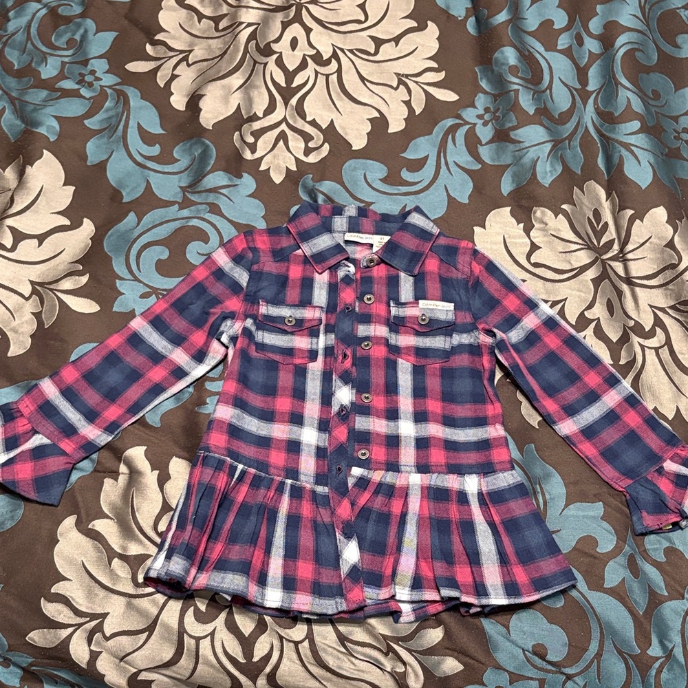 Calvin Klein Pink and Blue Plaid Peplum Button-Down Top